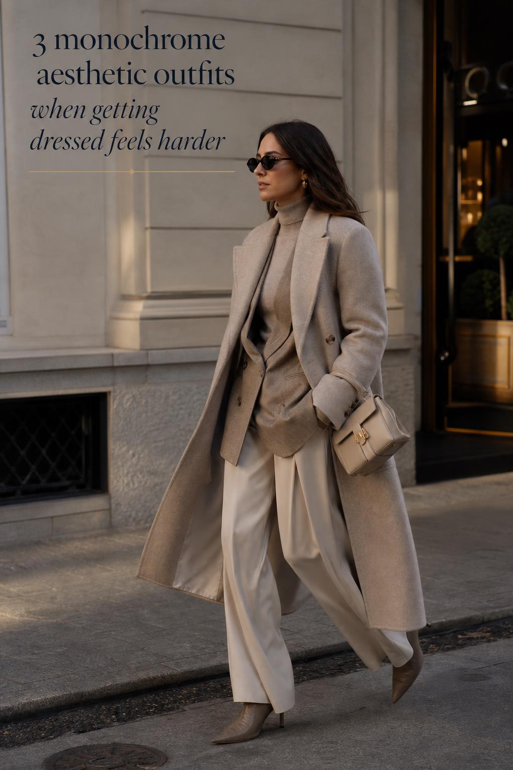 Monochrome Aesthetic Outfits in Quiet Luxury Style Adult woman in quiet-luxury city street style wearing monochrome aesthetic outfits in soft taupe layers with coat and boots