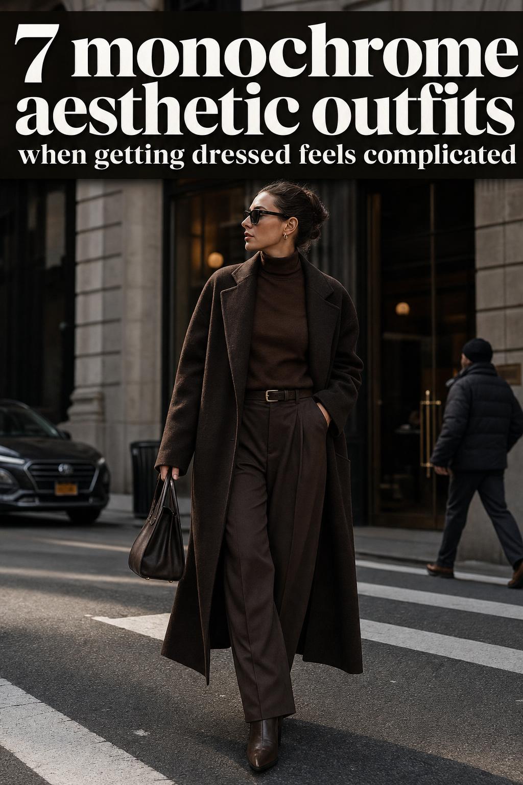 Monochrome Aesthetic Outfits Street Style Street-style photo of monochrome aesthetic outfits with layered black and white clothing and minimal accessories
