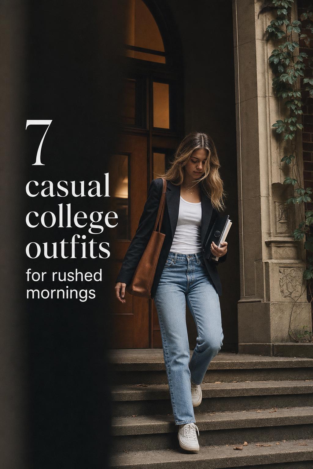 Moody Campus Casual College Outfits Editorial Moody campus editorial photo of casual college outfits with jeans, blazer, tote bag, and sneakers in window-lit library aisle.