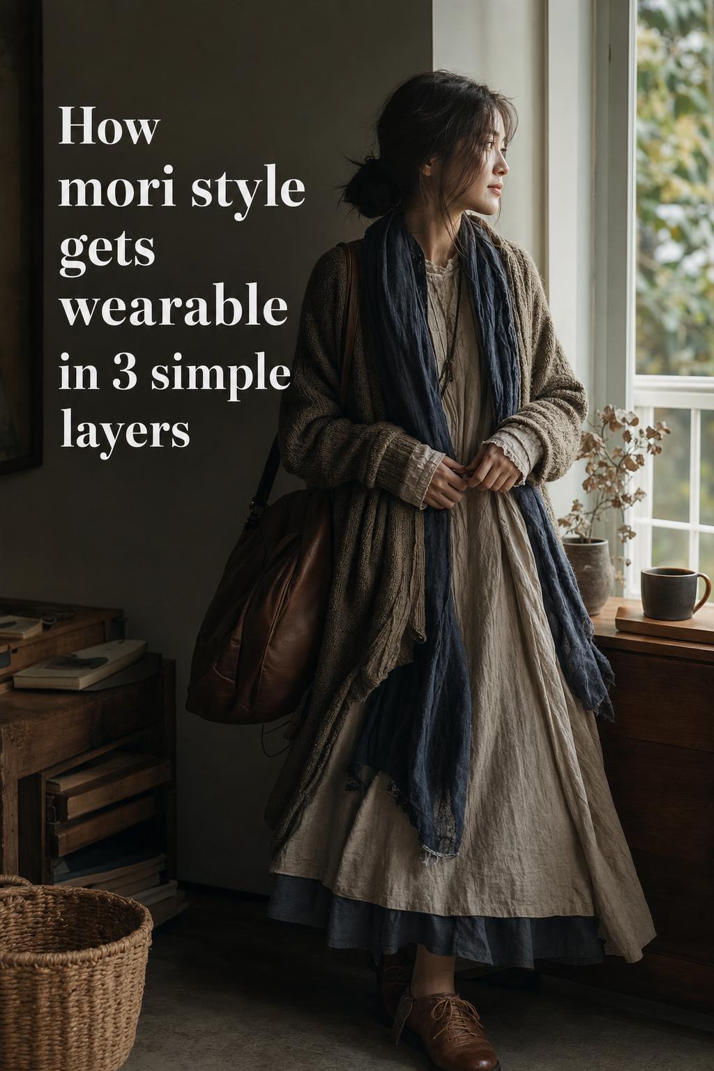 Mori Style Made Simple for Everyday Dressing Adult woman in layered mori style outfit by a window with soft autumn light and editorial negative space text overlay