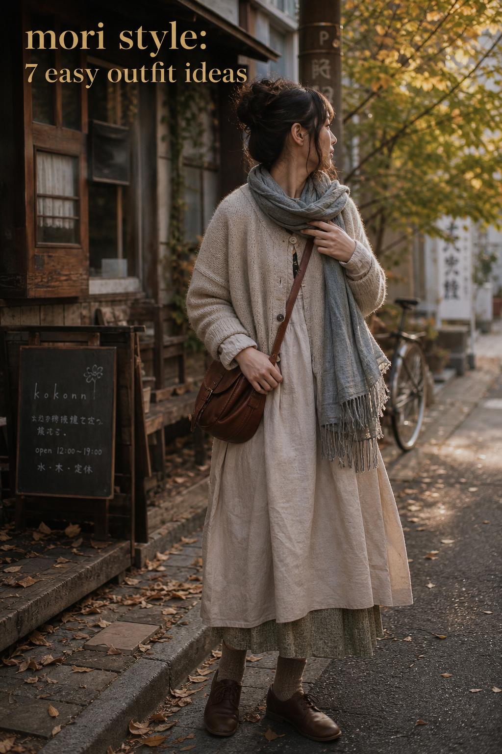 Mori Style Layered Autumn Street Outfit Mori style street outfit with layered linen dress, wool cardigan and shawl in autumn light on a tree-lined lane