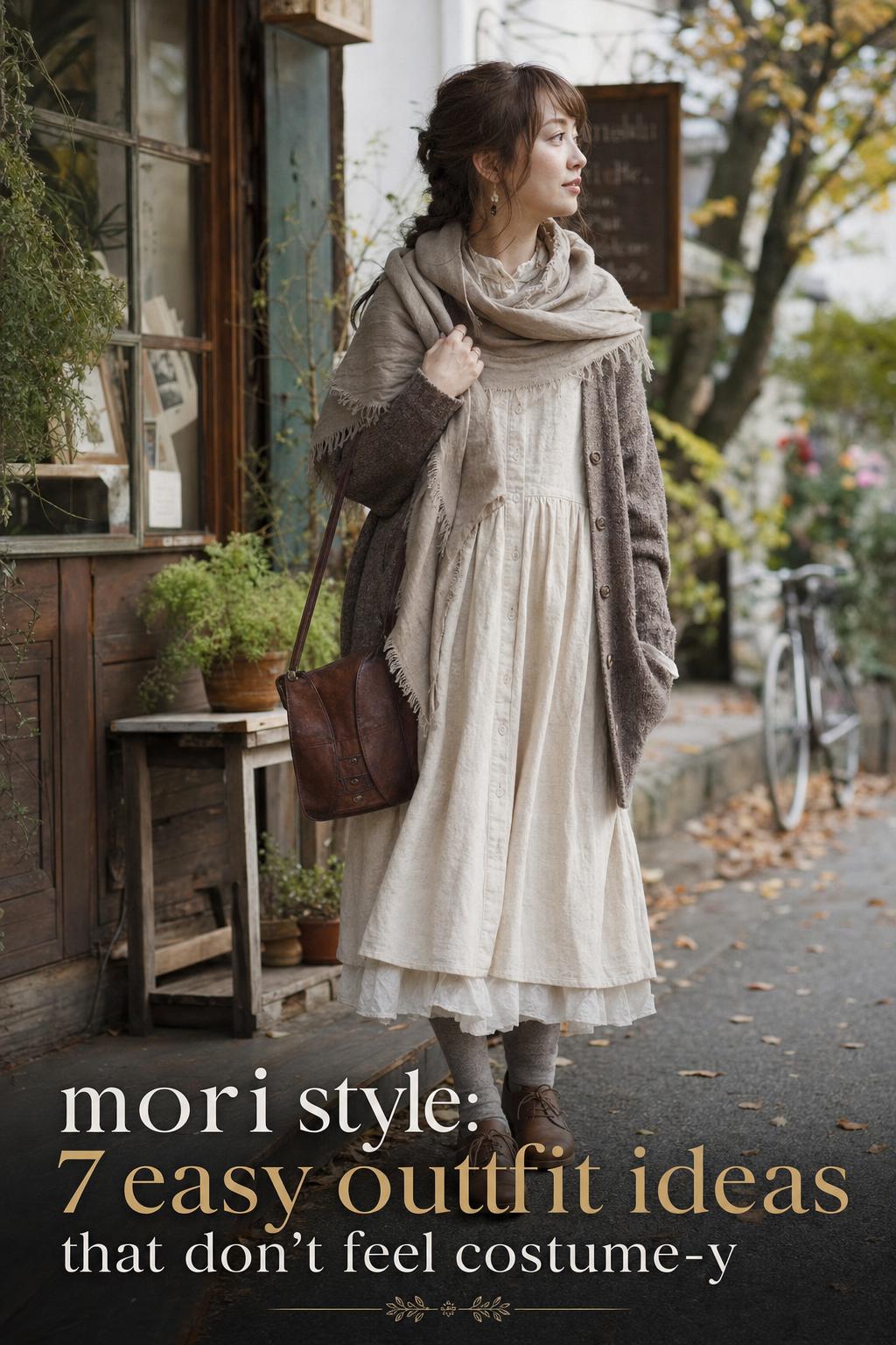 Mori Style Outfit in Soft Autumn Streetlight mori style outfit on an adult woman in layered linen and wool, walking by a quiet autumn park edge in soft daylight