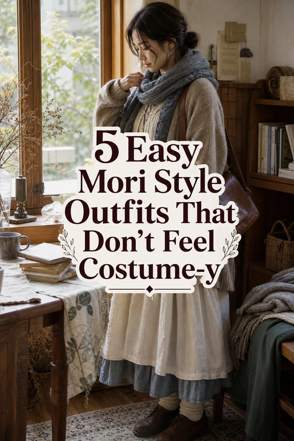 Mori Style Layering: 5 Easy Outfit Ideas Mori style layered outfit on an adult woman by a cozy window nook with linen dress, wool cardigan, scarf, and satchel