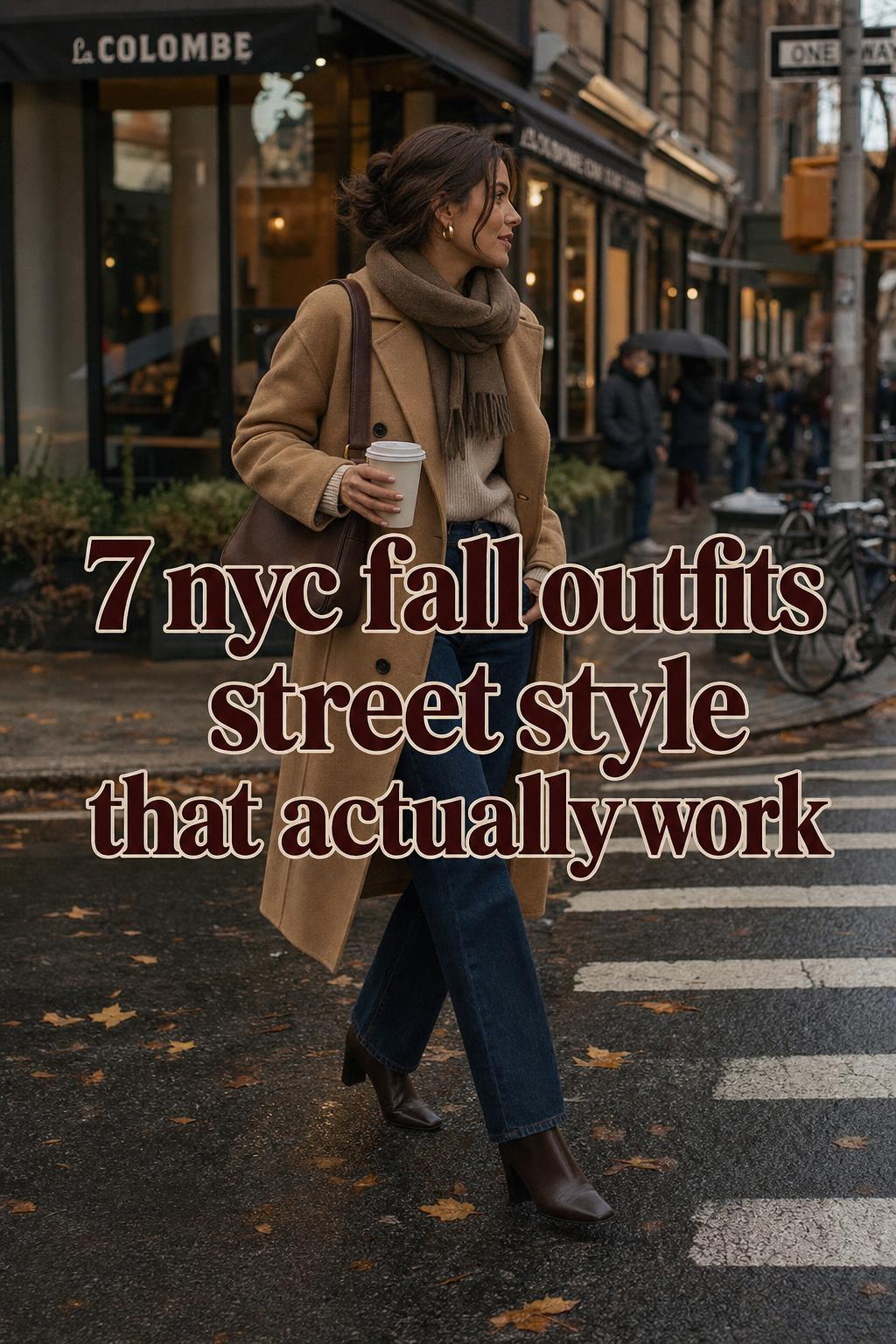 NYC Fall Outfits Street Style That Actually Work nyc fall outfits street style with woman in camel coat crossing SoHo street at dusk, holding coffee on wet pavement