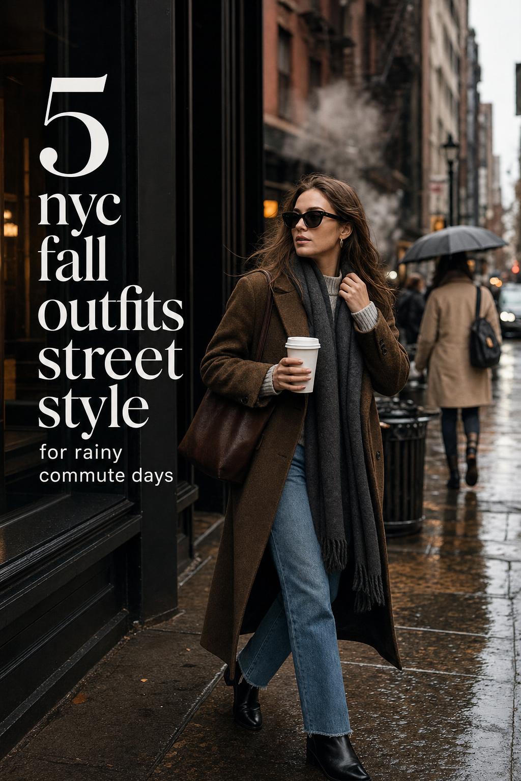 NYC Fall Outfits Street Style on a Rainy Day Adult woman walking on a wet NYC street in nyc fall outfits street style, trench coat, scarf, boots, coffee in hand.