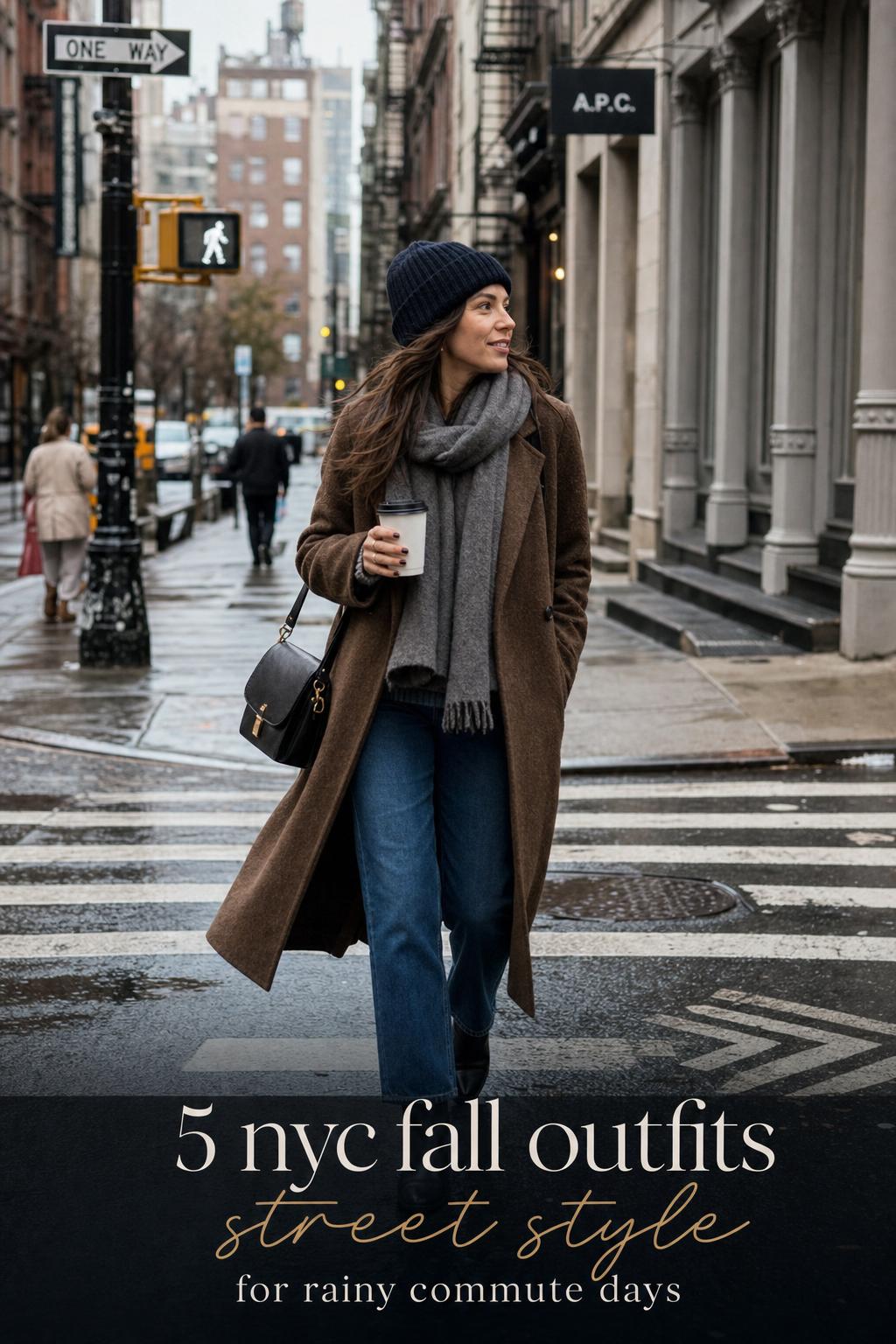 NYC Fall Street Style Outfits for Rainy Commutes nyc fall outfits street style in rainy SoHo, woman in wool coat and scarf walking on wet pavement with coffee cup
