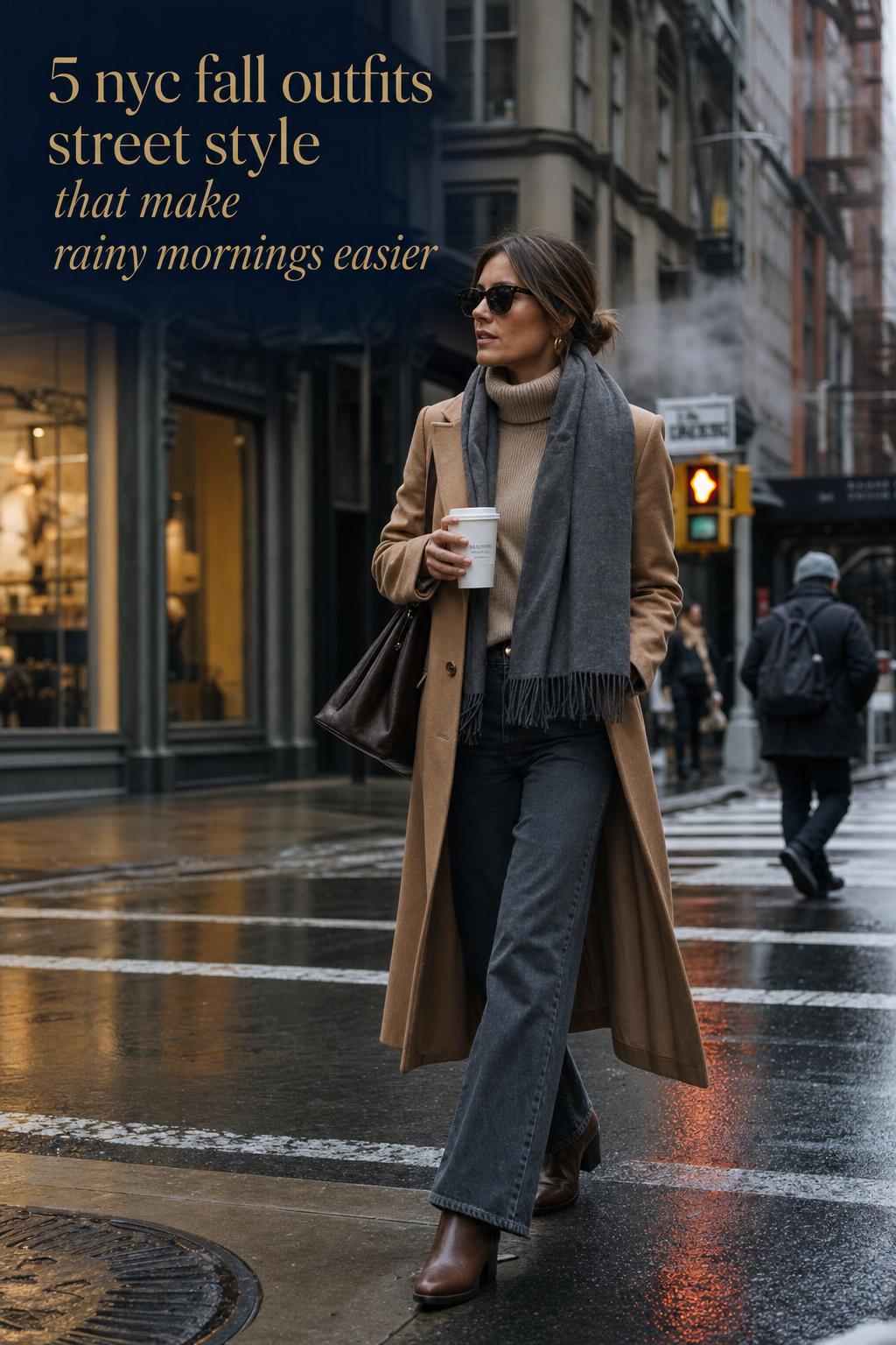 NYC Fall Outfits Street Style on Rainy SoHo Morning nyc fall outfits street style editorial photo of an adult in a wool coat and boots walking on a rainy SoHo sidewalk