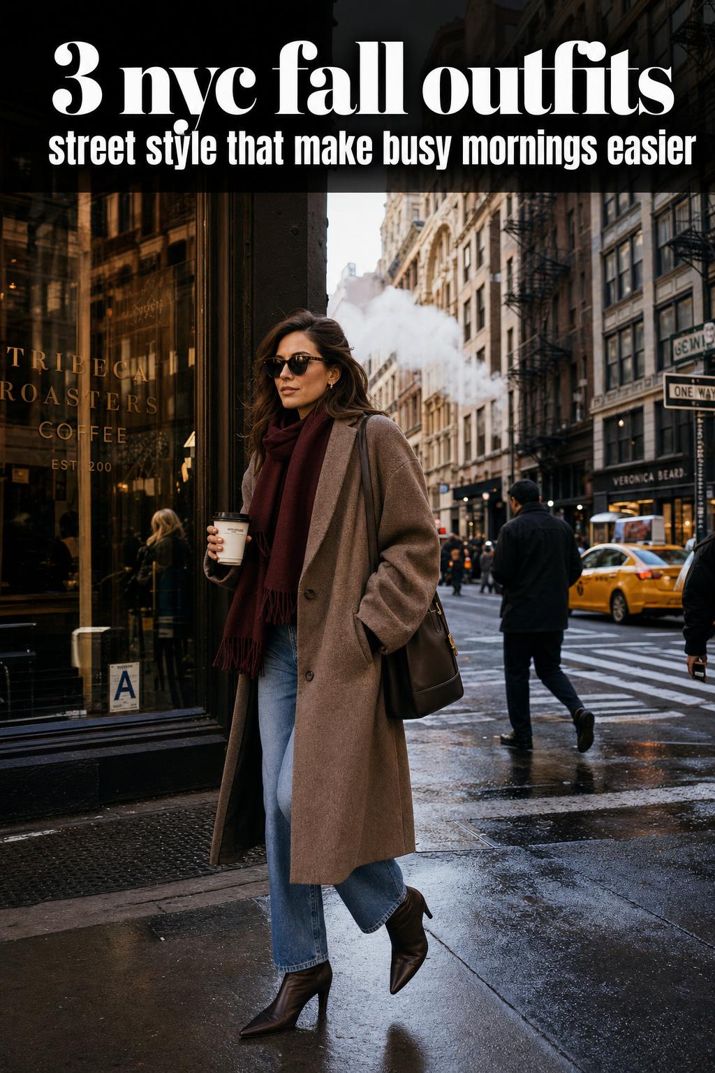 NYC Fall Outfits Street Style Look NYC fall outfits street style with a fashionable woman in a trench coat walking past brownstone buildings