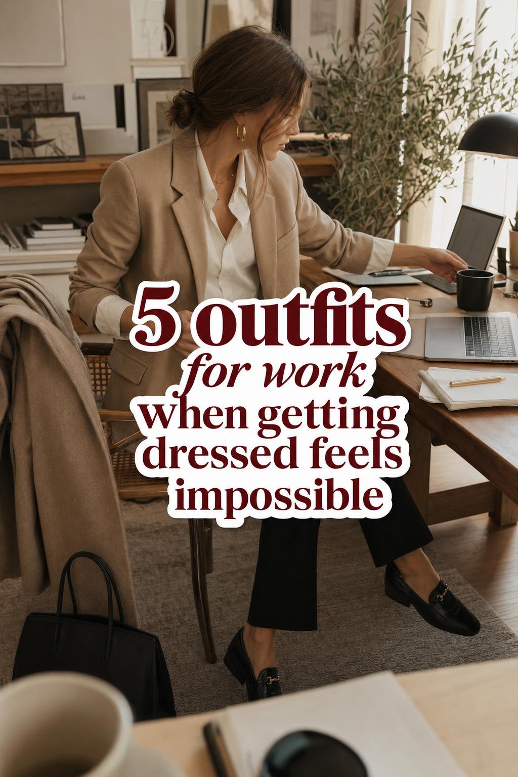 5 Outfits for Work in a Cozy Office Moment Outfits for work in a cozy home office as a woman adjusts her blazer beside a laptop, mug, and leather bag in warm light