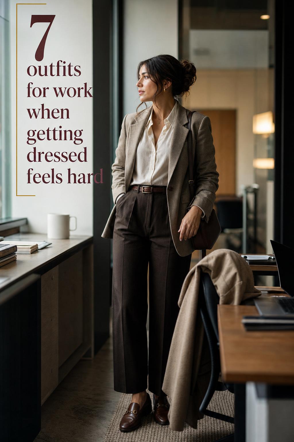 Outfits for Work: Modern Office Dressing Editorial Outfits for work: stylish woman in neutral blazer by office window with structured bag in a modern workspace