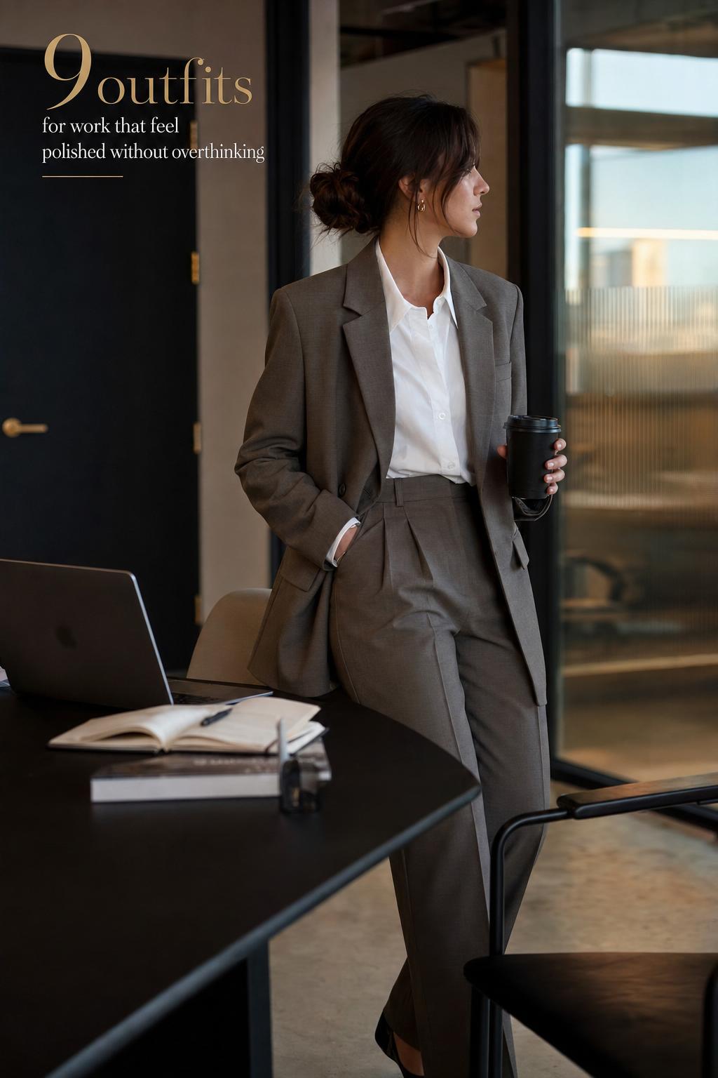 Outfits for Work: Modern Office Style Outfits for work editorial photo of a modern professional in a contemporary office wearing a tailored blazer and trousers