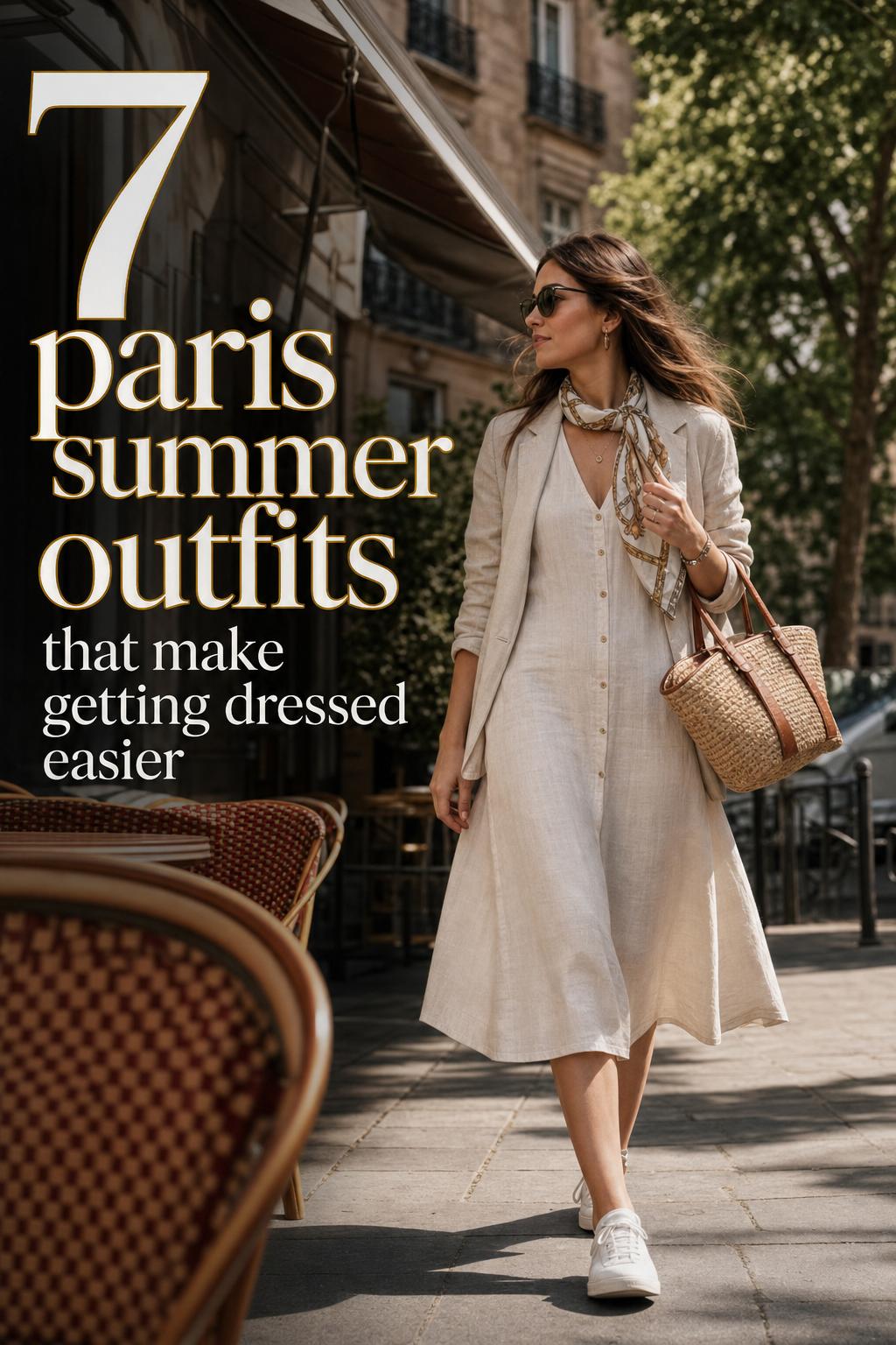 Paris Summer Outfits on a Quiet Café Street Parisians summer outfits: woman in cream linen midi dress and blazer walking past a café on a quiet Paris street at golden hour