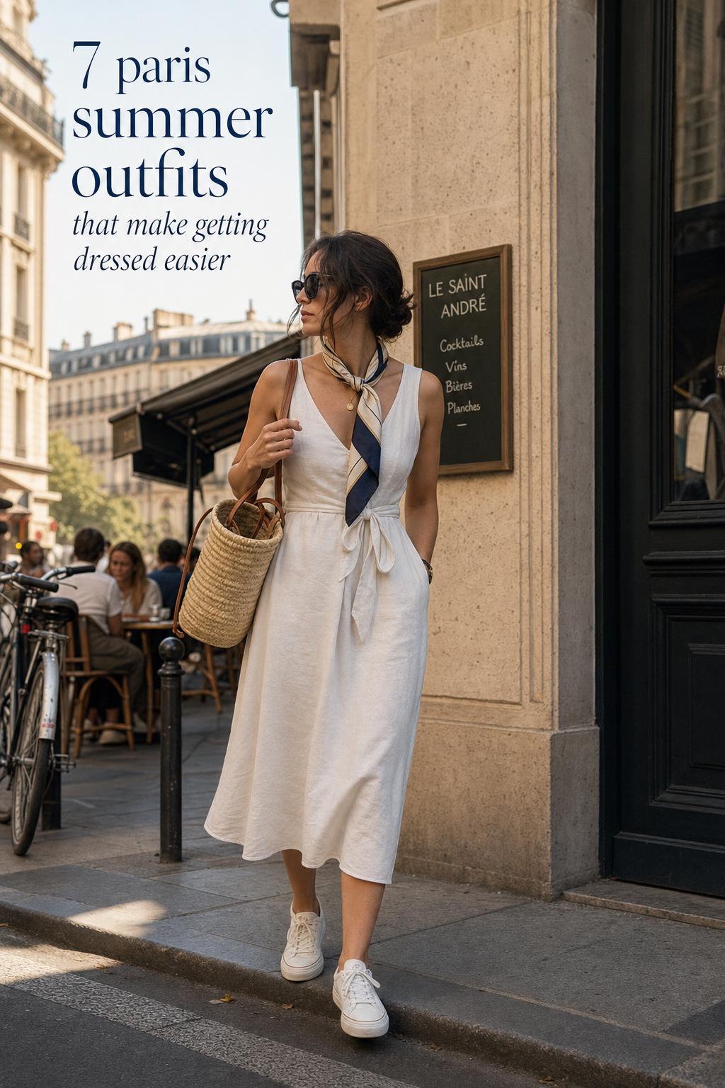 Paris Summer Outfits on a Quiet Café Street Parisians street style in warm light featuring an adult woman in a linen midi dress and scarf, showcasing paris summer outfits