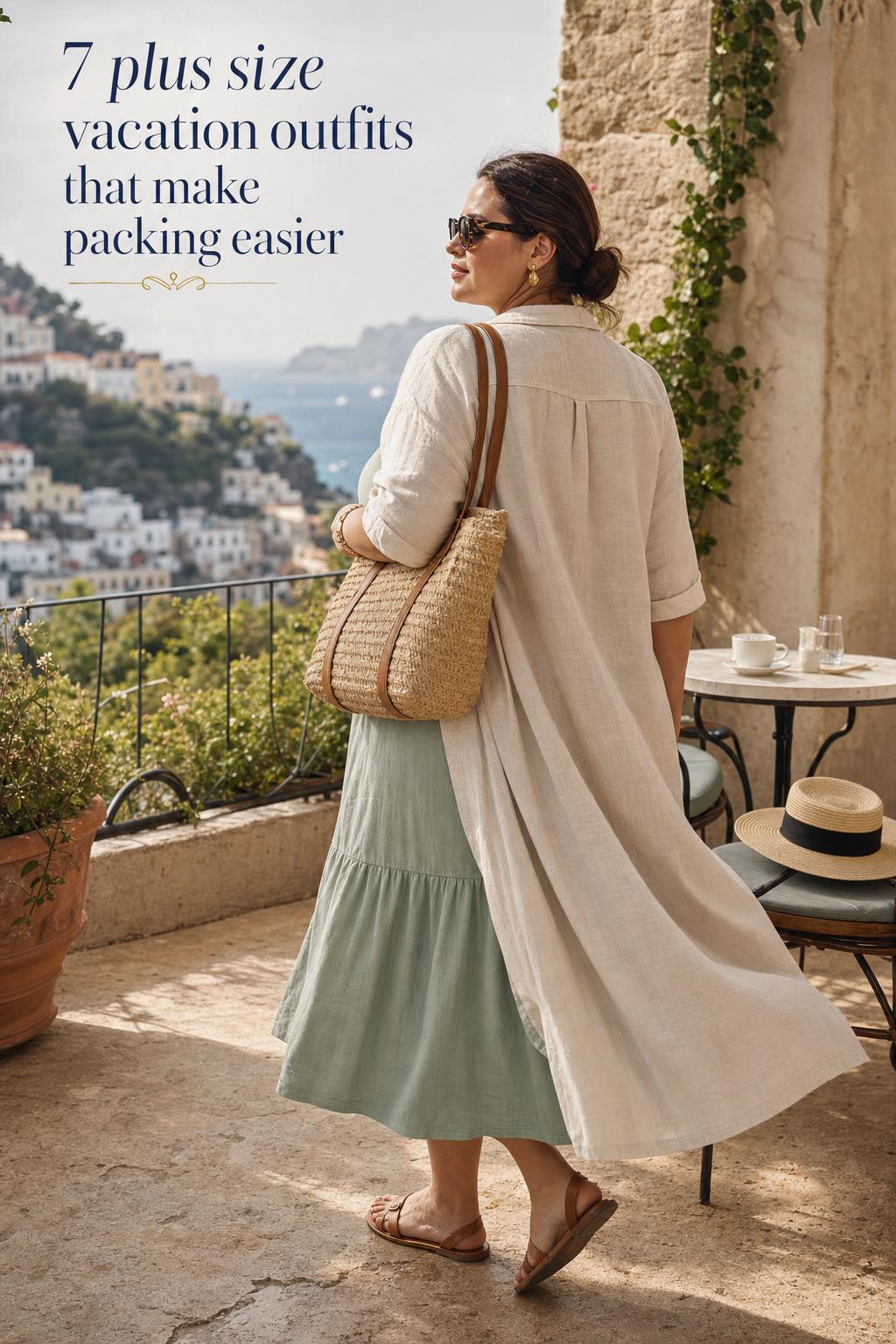 Plus size vacation outfits on a Mediterranean hotel terrace, adult woman in linen midi dress with cover-up and woven bag.