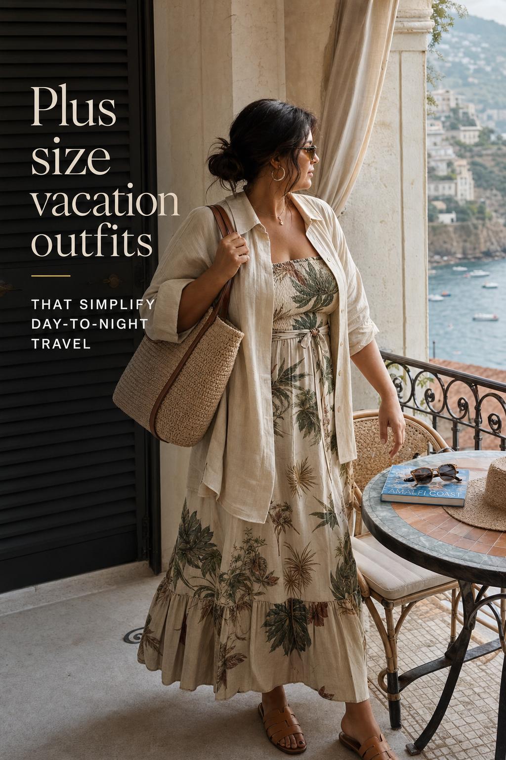 Plus size vacation outfits on a Mediterranean terrace, woman in neutral linen set with woven tote in warm afternoon light