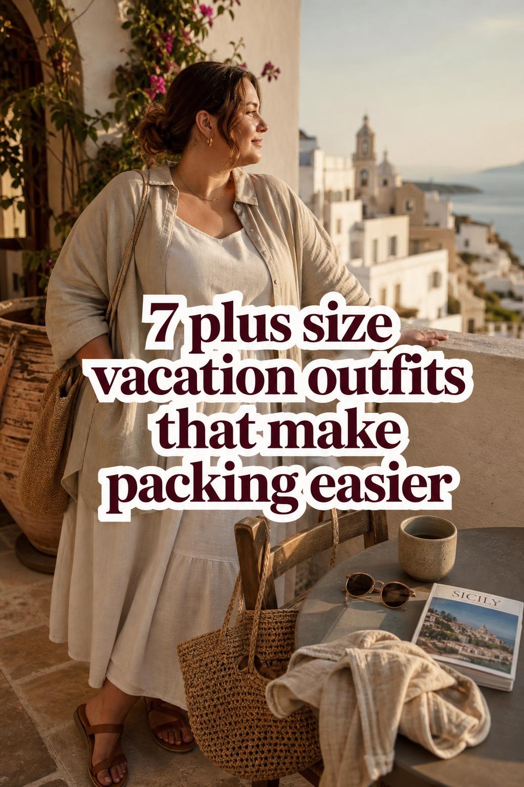 Plus size vacation outfits on an adult woman in linen set on a Mediterranean resort terrace at golden hour with travel accessories.