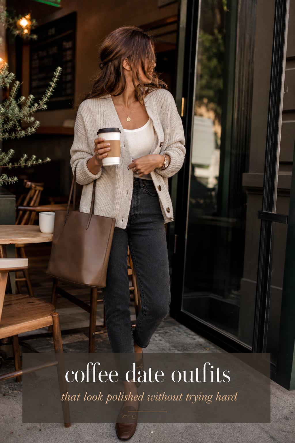 Woman in a cozy cardigan and midi skirt leaving a neighborhood cafe with a latte, showcasing coffee date outfits