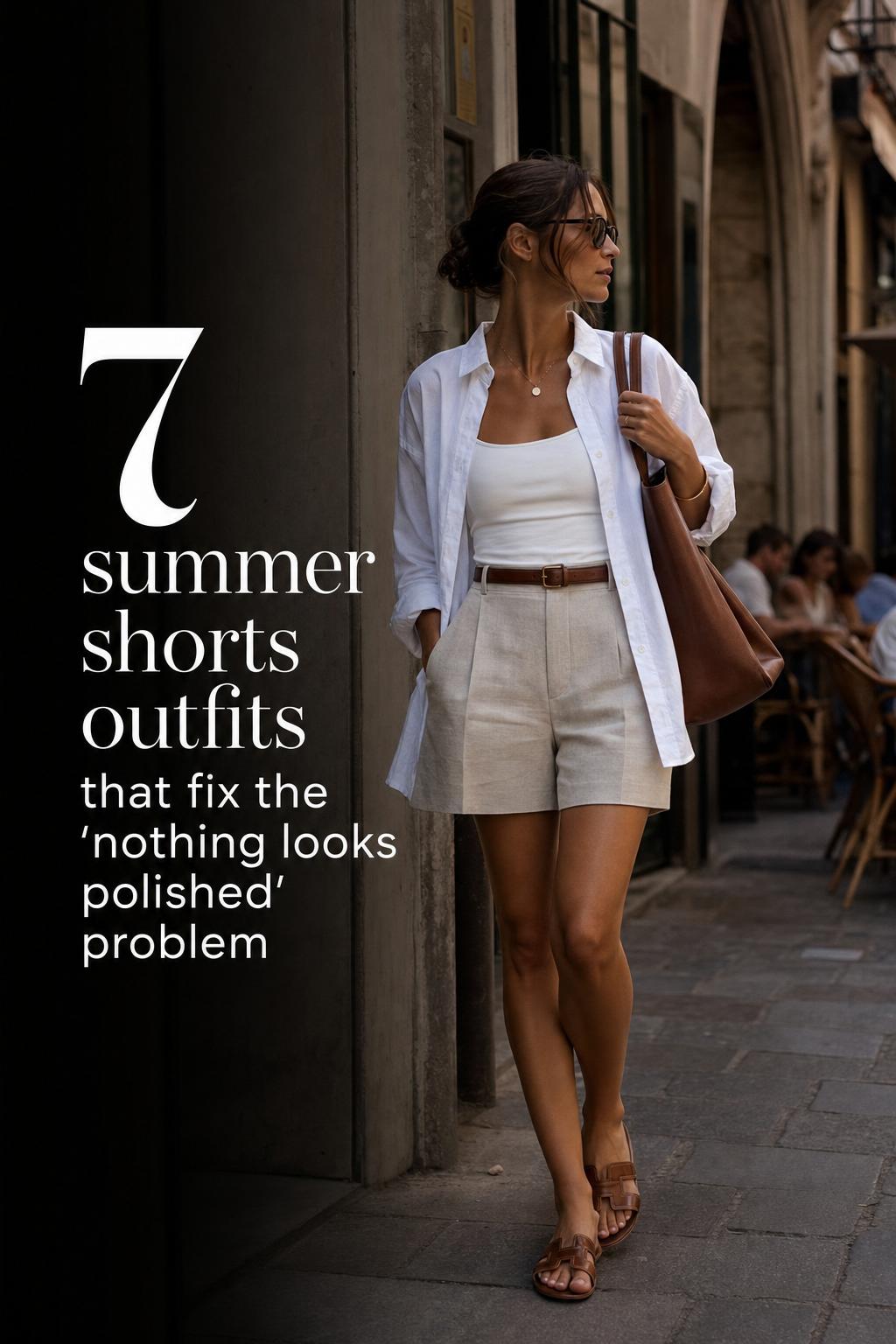 Stylish woman walking in tailored linen look, showing polished summer shorts outfits on a sunlit city street
