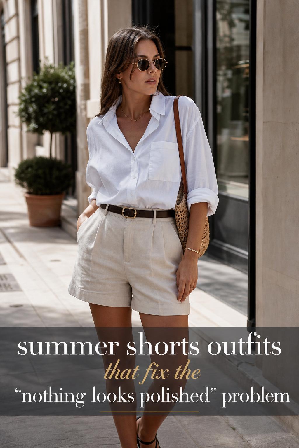 Woman in tailored linen summer shorts outfits walking on a bright city street, minimalist shirt, belt and sandals