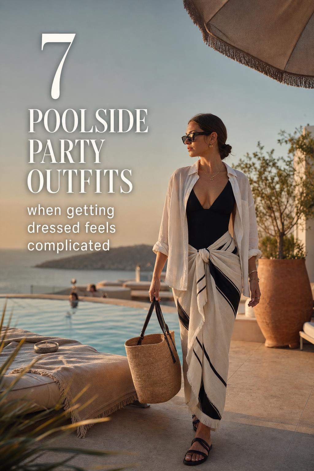 Poolside party outfits at golden hour resort Poolside party outfits styled with a one-piece swimsuit, open linen shirt, sarong, and sandals at a golden hour resort pool.