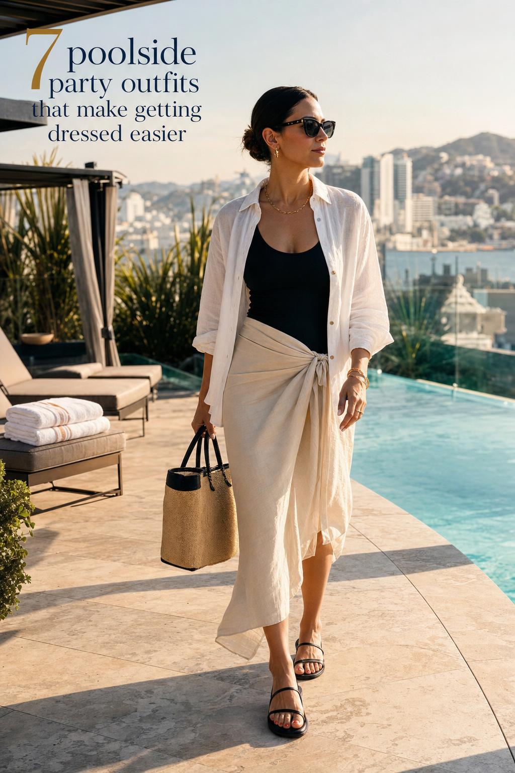 Poolside party outfits for a rooftop resort look Poolside party outfits styled on an adult woman in a linen shirt and sarong beside a rooftop pool at golden hour