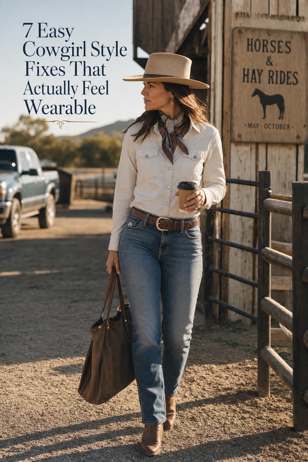 Refined Cowgirl Style for Everyday Wear Refined cowgirl style outfit with denim, pearl snap shirt, leather belt and cowboy boots in golden-hour street scene