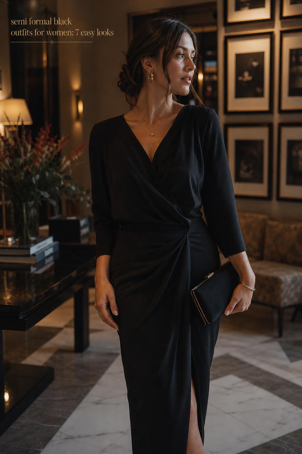 semi formal black outfits for women with a stylish woman in a black midi dress holding a clutch in a hotel lobby
