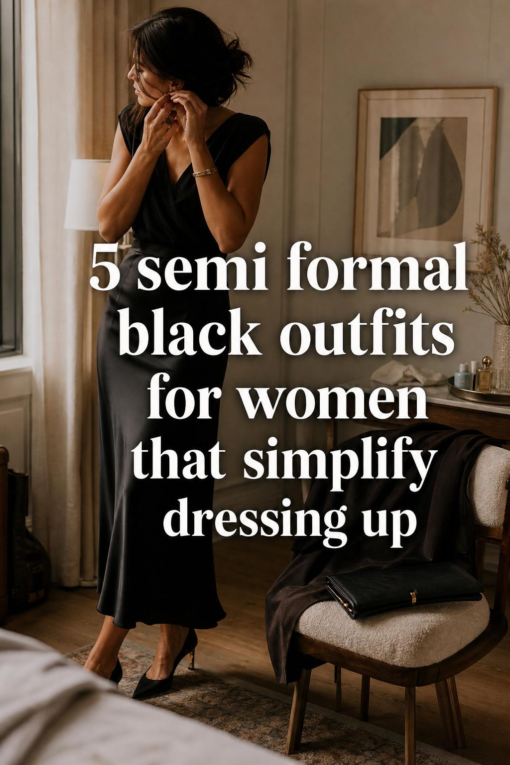 Semi formal black outfits for women in warm apartment light, woman in black midi dress adjusting earrings by a window