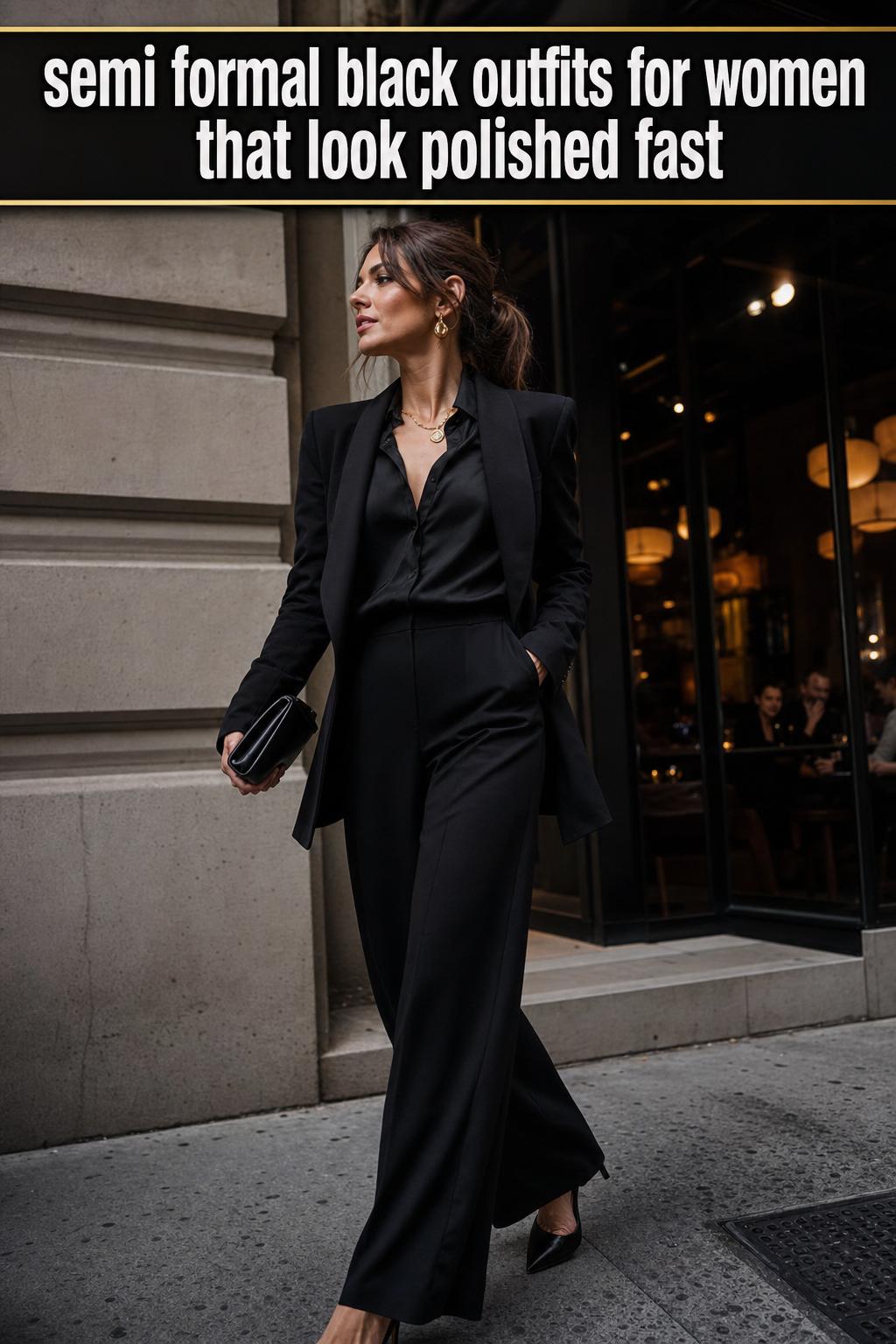 Semi formal black outfits for women in a chic evening look with tailored blazer and midi dress
