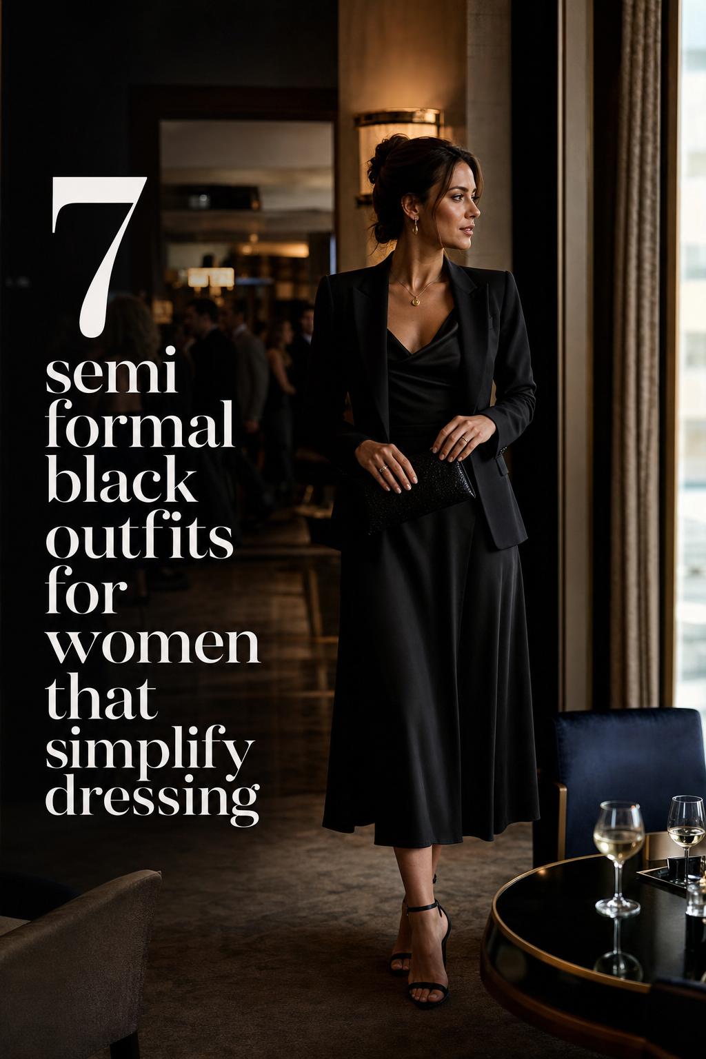 Semi formal black outfits for women styled in a luxe hotel lounge, modern woman in black semi-formal look with editorial text overlay