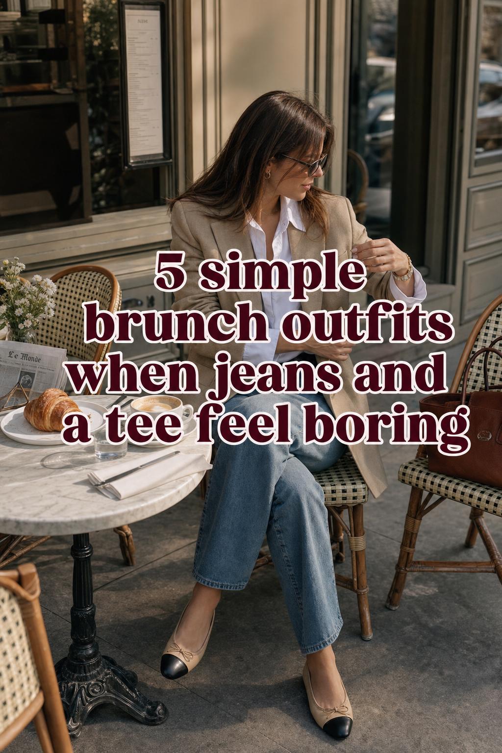 Simple brunch outfits idea: woman in blazer and jeans at a chic city café terrace, adjusting cuff beside coffee and pastries