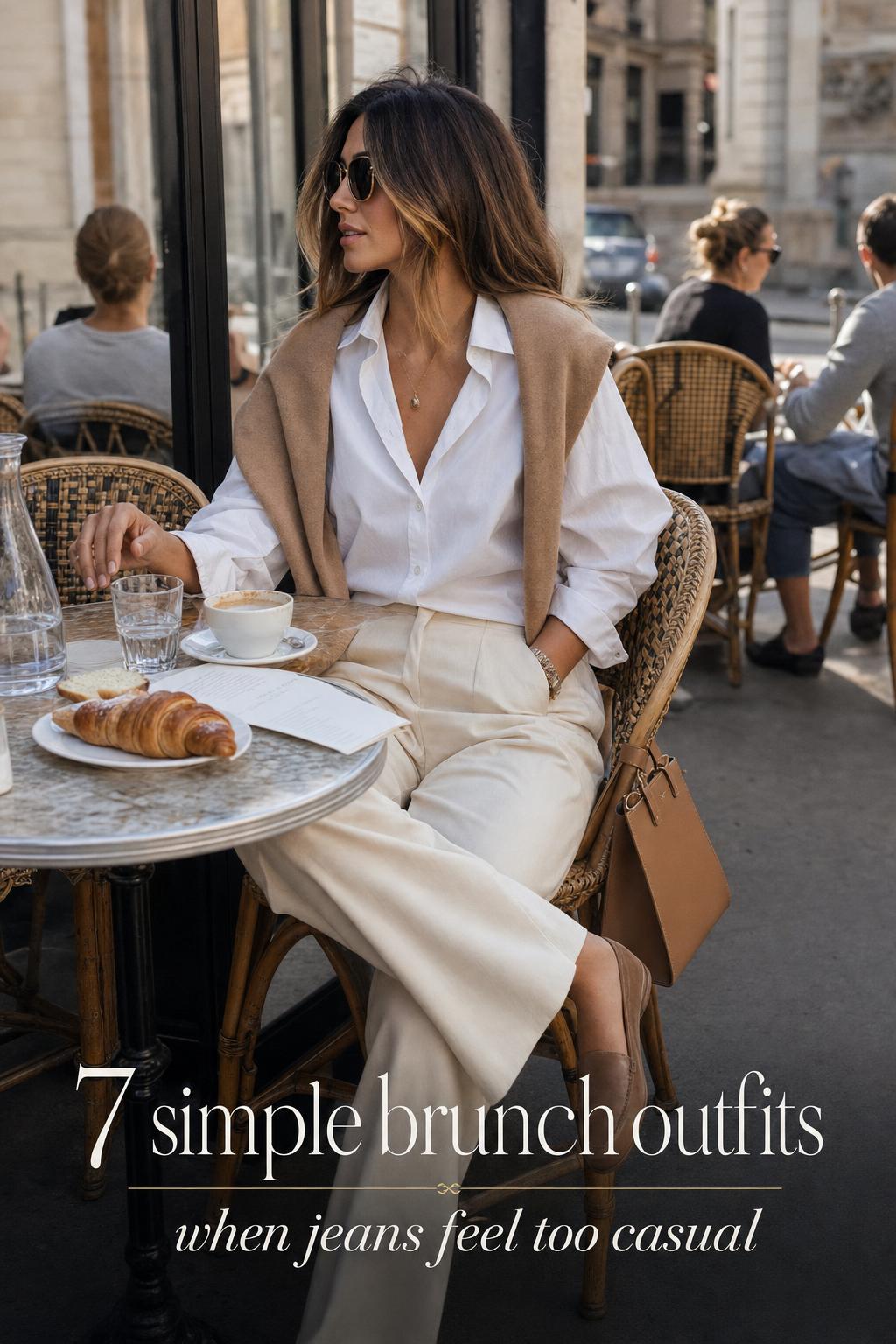 Simple brunch outfits: woman in cream trousers and white shirt at a sunlit café terrace with coffee and pastry