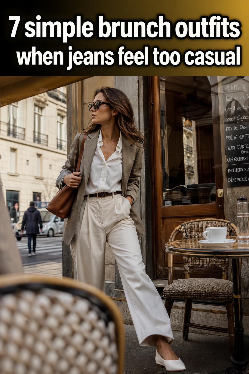 Simple brunch outfits styled with a crisp white shirt, light denim, and neutral loafers in a bright cafe setting