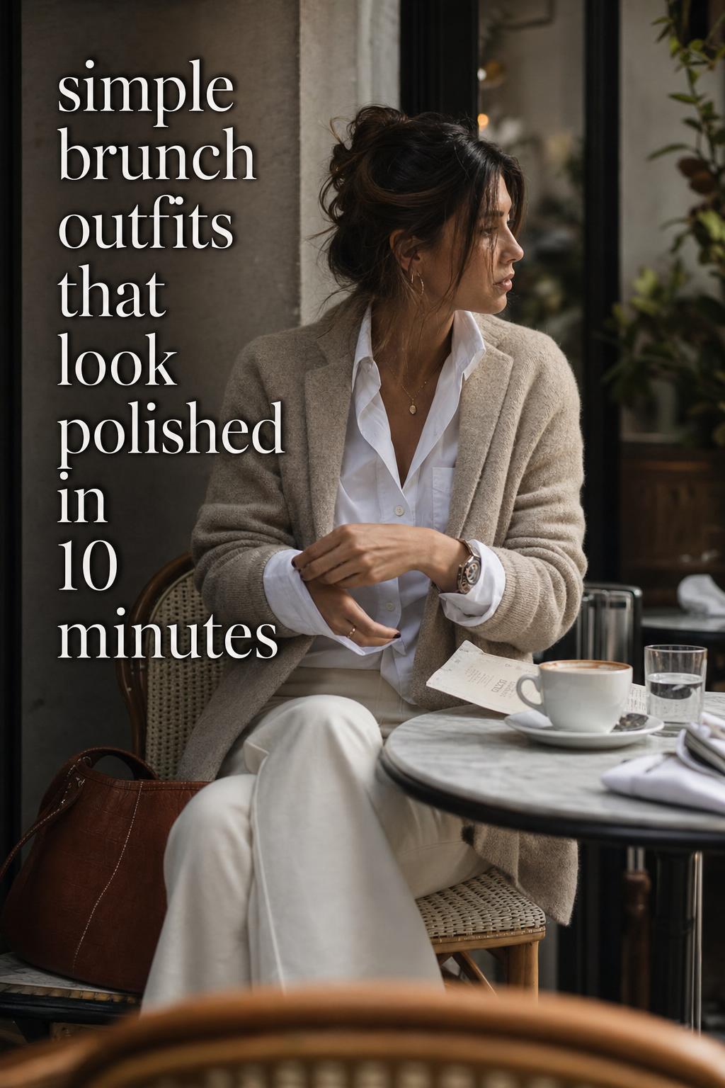Simple brunch outfits: stylish woman in a white shirt and oatmeal blazer at a city café terrace with coffee