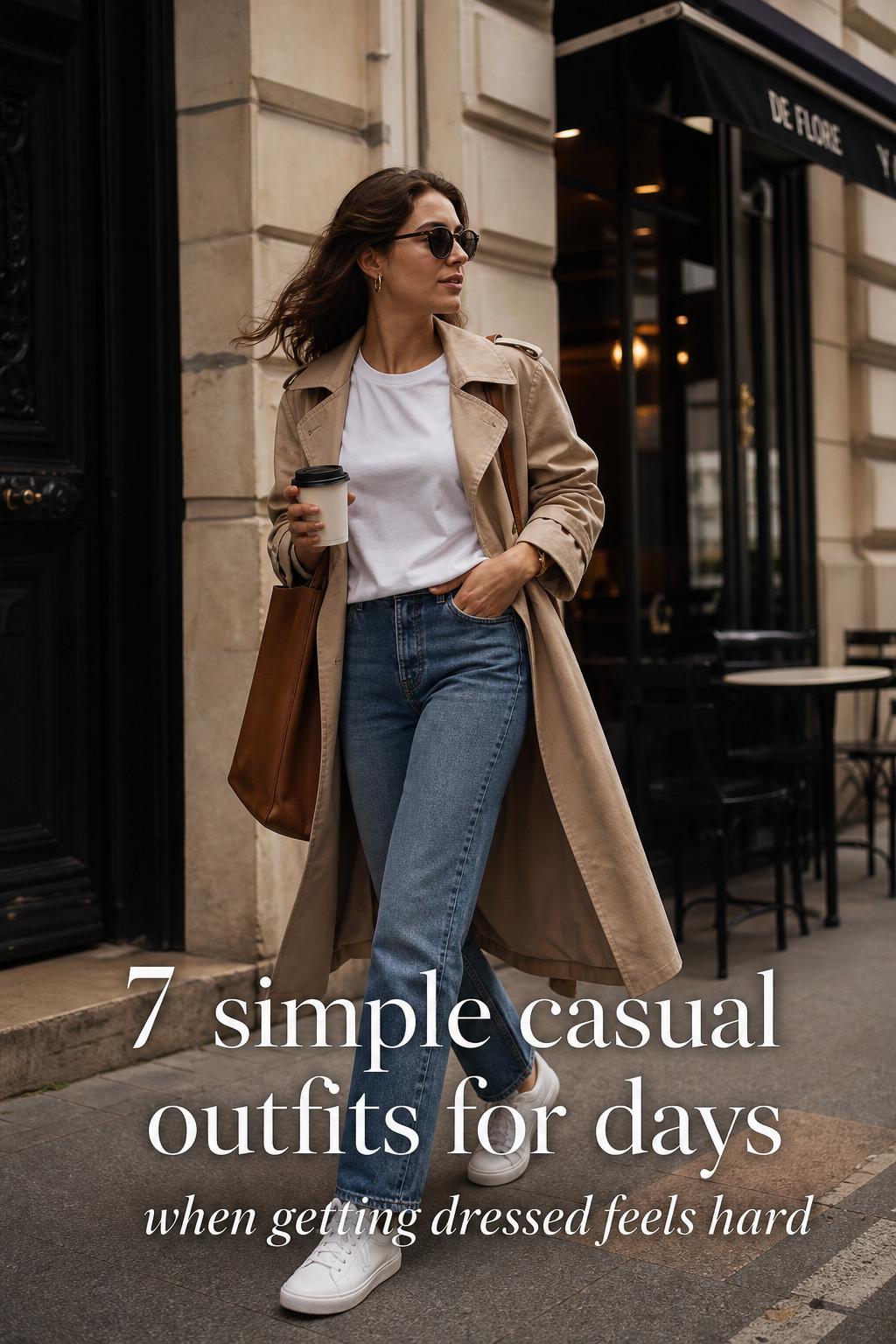 Simple casual outfits street style: person walking by a café in camel trench, white tee, jeans and sneakers
