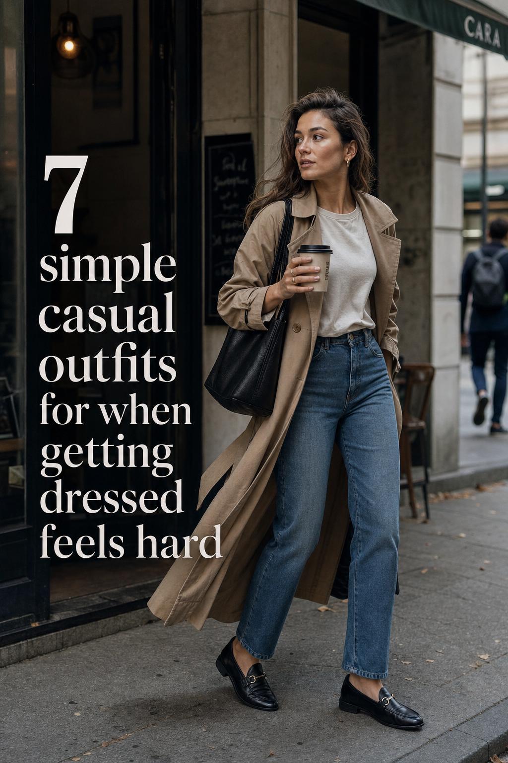 Simple casual outfits inspiration: woman in trench coat and jeans walking past a quiet European café in morning light