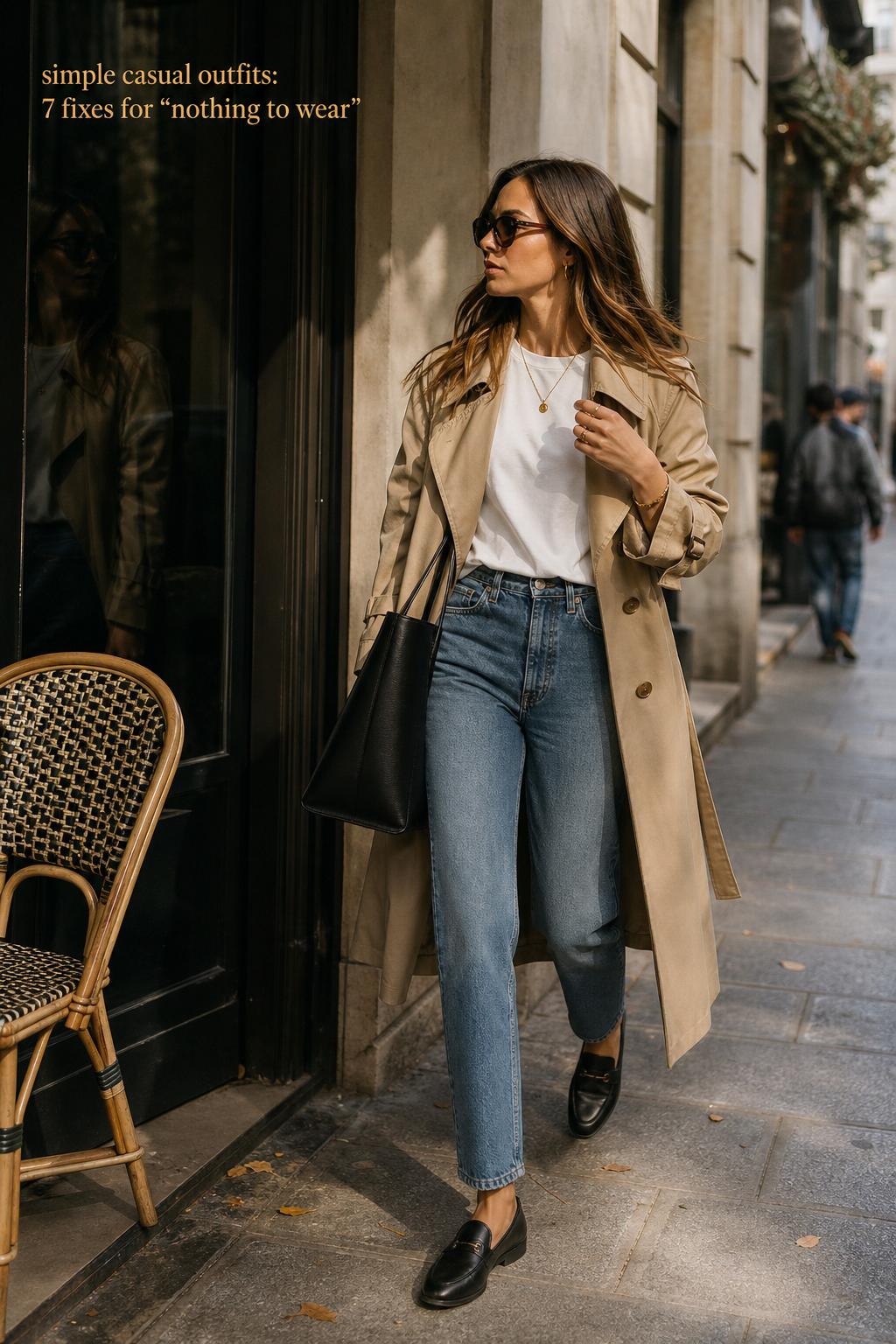 Woman walking by a cafe in cream tee, denim and camel trench, showcasing simple casual outfits in a European city