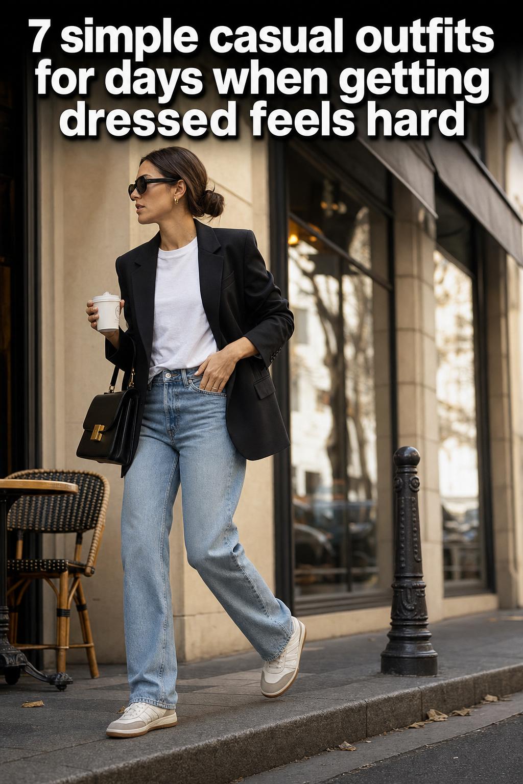 Simple casual outfits on a stylish woman in a bright urban street, wearing jeans and a neutral top