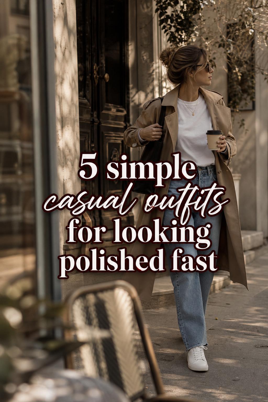 Simple casual outfits: stylish woman in white tee, straight-leg jeans and camel trench on a morning coffee run in the city