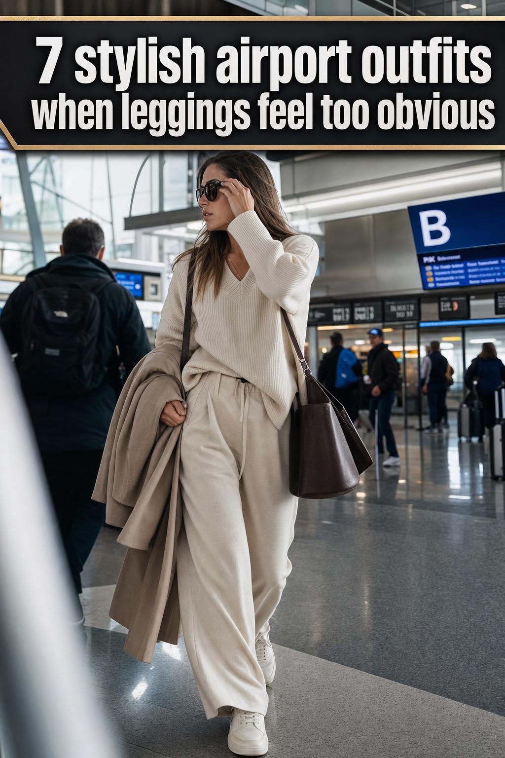Stylish airport outfits with a traveler wearing a chic layered look and rolling suitcase in a modern terminal