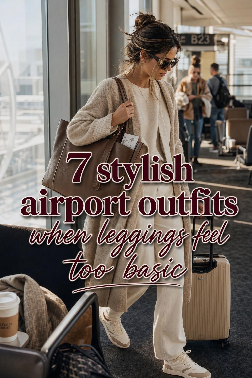 Stylish airport outfits in a warm lounge: woman in neutral knit and tailored pants walking with tote by window light