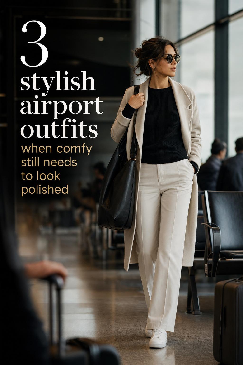 Stylish airport outfits: refined traveler in monochrome knit and tailored trousers walking through a luxury airport terminal