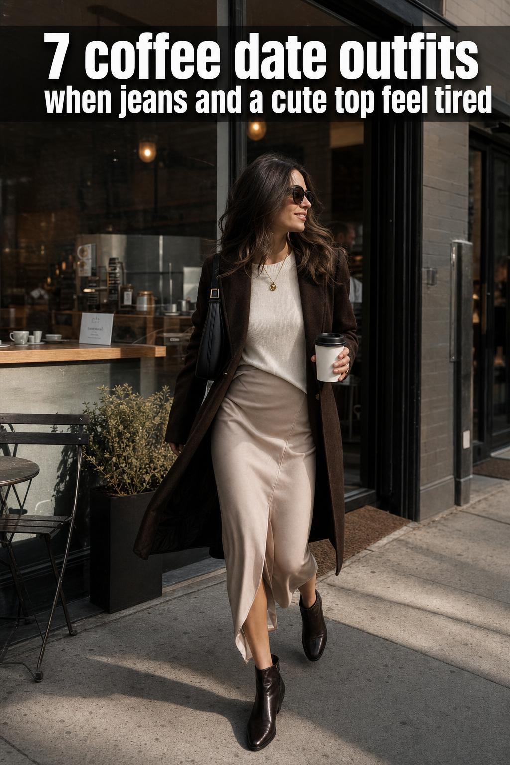Stylish coffee date outfits on a sunny cafe terrace, casual chic look with denim jacket and dress