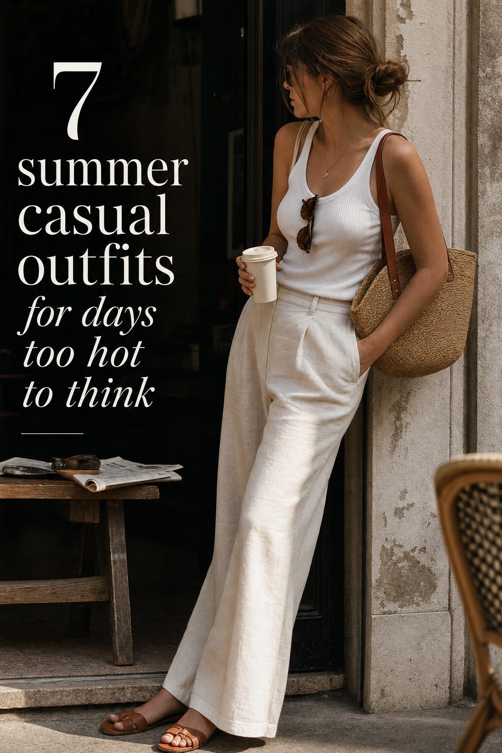 Summer Casual Outfits on a Coastal Terrace Woman in linen pants and white tank on a coastal terrace, straw bag beside her, summer casual outfits in golden light