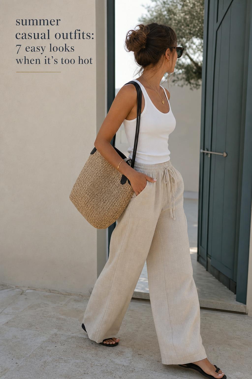 Summer Casual Outfits in Linen and Tank Summer casual outfits editorial photo of a woman in linen pants, white tank, sandals and straw bag on a sunlit café patio