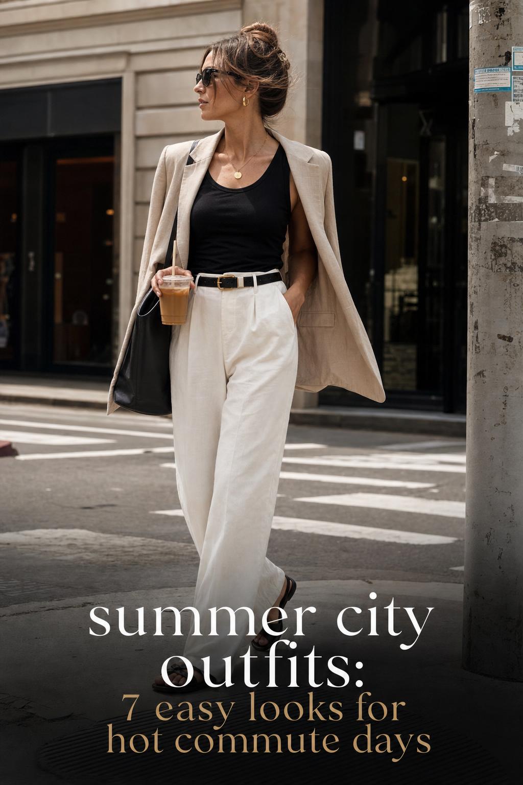 Woman walking in linen trousers and blazer on a bright city street, showcasing summer city outfits for hot commute days