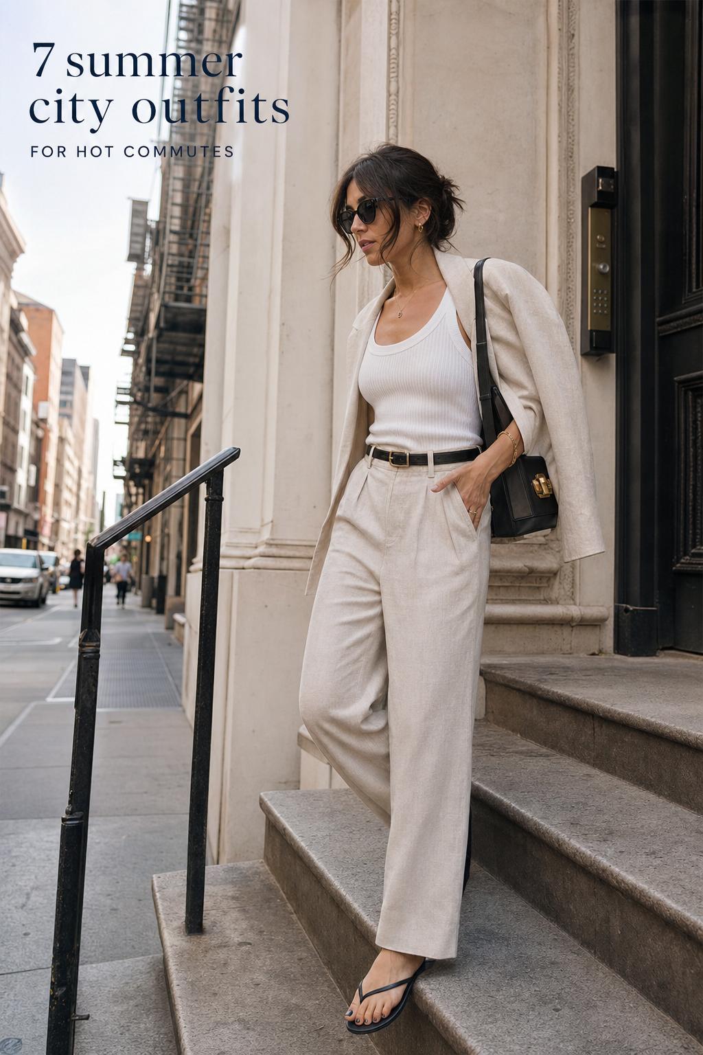 Model in linen trousers and blazer walking past a cafe in warm light, showcasing summer city outfits for hot commutes