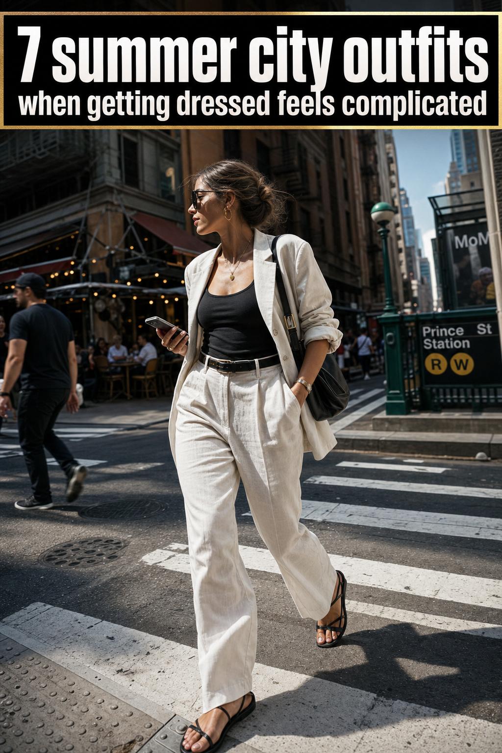 Street style summer city outfits with a chic casual look in a sunny urban setting