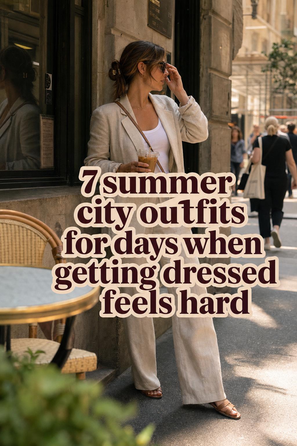 Woman outside a city cafe in linen trousers and blazer with text overlay, summer city outfits inspiration