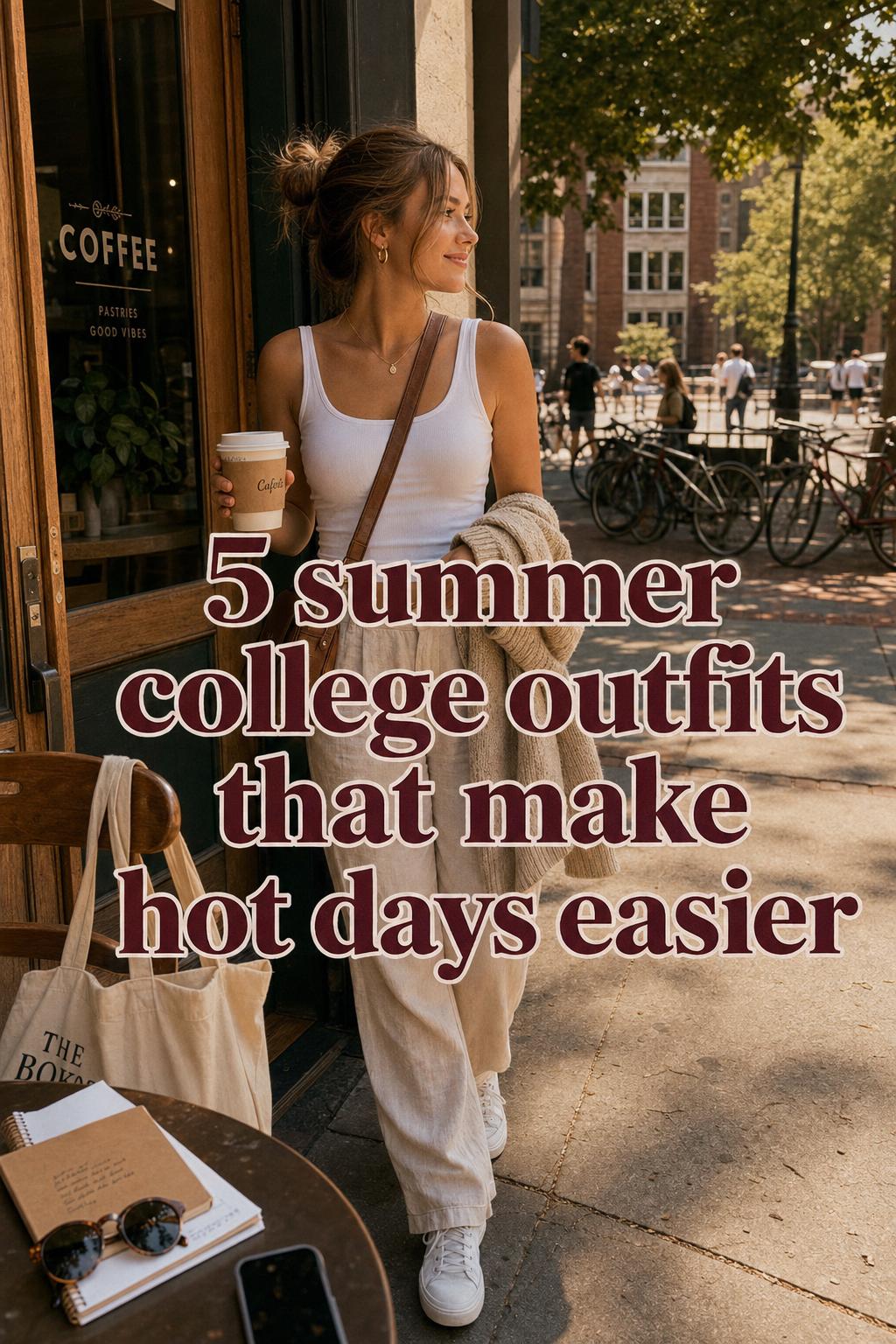 Summer college outfits by campus coffee shop Summer college outfits: student in linen pants and tank steps out of campus coffee shop in golden-hour light